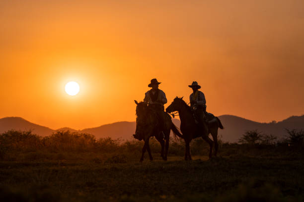 istock silhouette two cowboys ride with they horses under sunset 1136407920