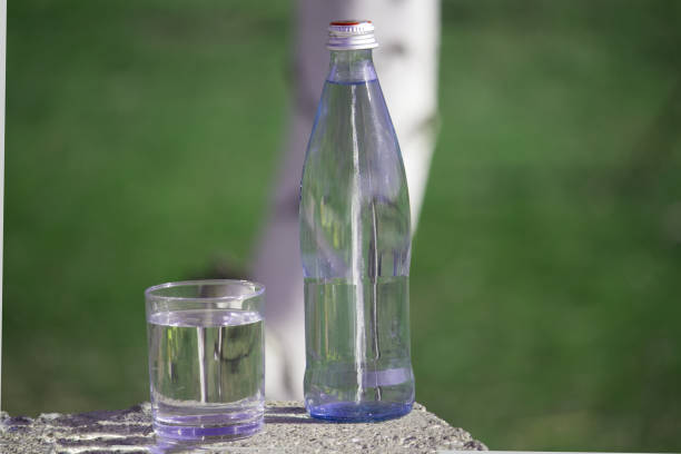 istock Bottle and glass with fresh  water on grass  background. 1136408592