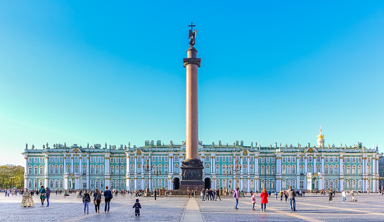 Saint Petersburg, Russia - October 04, 2015: Alexander Column in the center of Palace Square in front of Winter Palace - Hermitage in Saint Petersburg, Russia