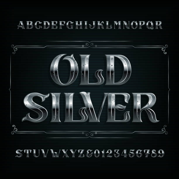 Old Silver alphabet font. Vintage metal letters and numbers. Old Silver alphabet font. Vintage metal letters and numbers. Stock vector typescript for your design. fantasy font stock illustrations