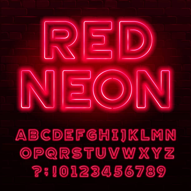 istock Red neon alphabet font. Red color light bulb capital letters and numbers. 1136412389