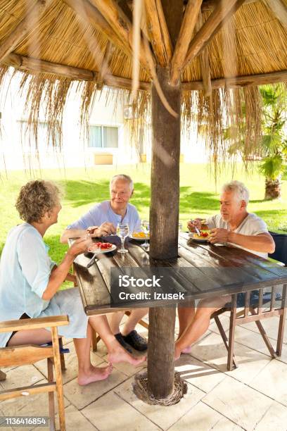 Senior Friends Enjoying Breakfast In Resort Stock Photo - Download Image Now - 70-79 Years, Tourist Resort, 60-64 Years