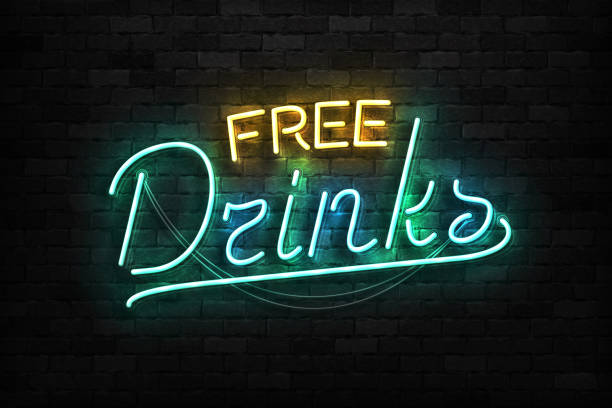 vector realistisch isoliertes neonschild von free drinks typografie für schablone dekoration und abdeckung auf dem wandhintergrund. konzept der happy hour. - party hat cocktail time drink stock-grafiken, -clipart, -cartoons und -symbole