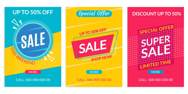 ilustrações de stock, clip art, desenhos animados e ícones de sale banner template. discount flyer or poster set. special offer and price off coupon collection for clearance, promo, social media, marketing in flat style. vector illustration. - newspaper the media backgrounds business