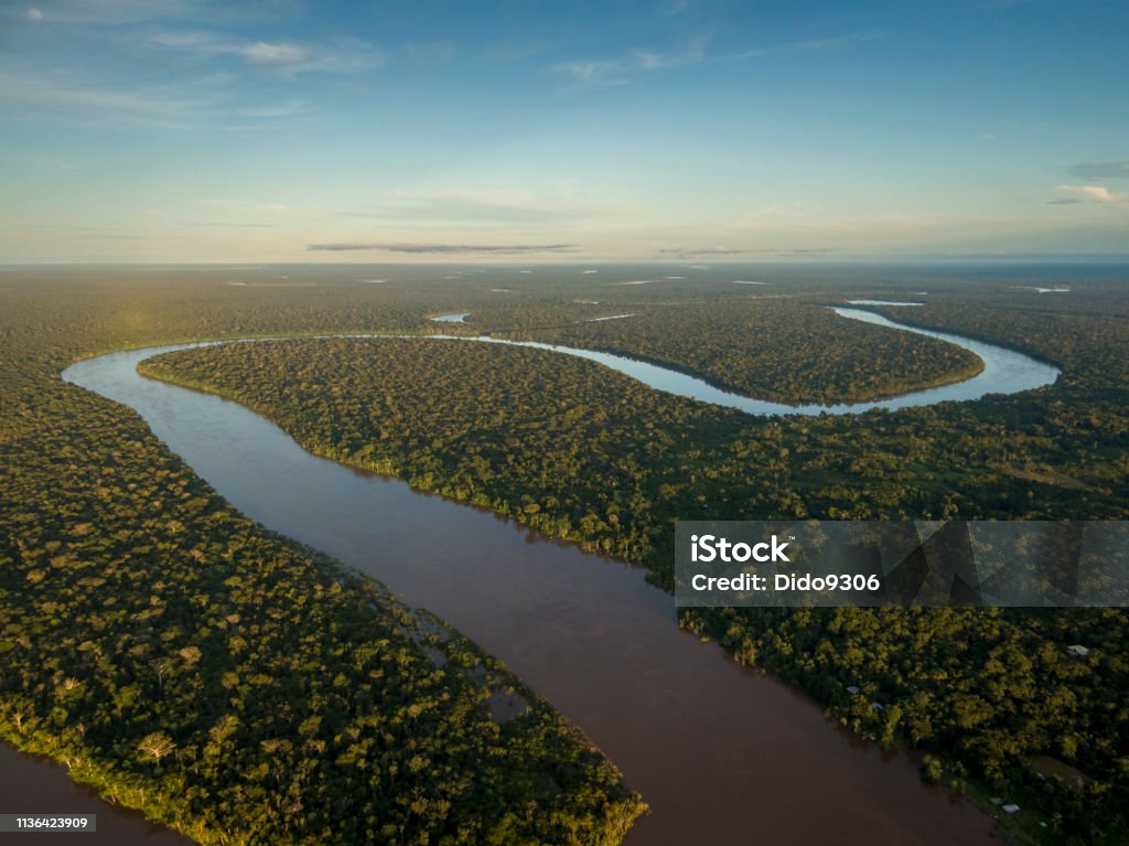 Javari River Javari river shot from drone during sunset Amazon Region Stock Photo