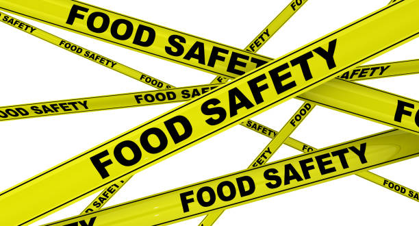 식품 안전. 라벨이 붙은 노란색 경고 테이프 - food safety 뉴스 사진 이미지