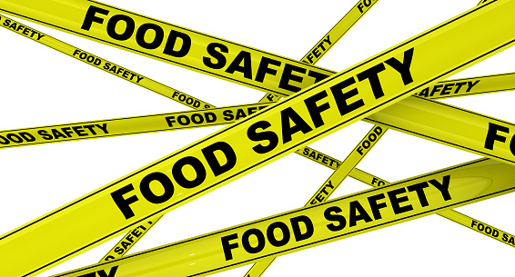Yellow warning tapes with black text FOOD SAFETY. Isolated. 3D Illustration