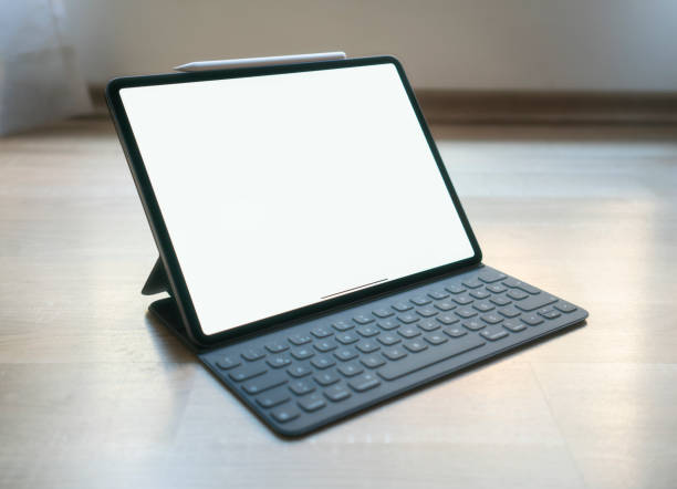 new pro tablet on the table with pencil and keyboard cover blank screen Istanbul, Turkey - March 10, 2019:  The New 12.9 inch Apple tablet computer pro 2018, empty screen, Apple smart folio keyboard, Apple Pencil editorial content - Image drawing board stock pictures, royalty-free photos & images