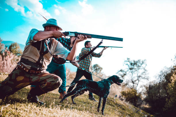 istock Group Of Hunters Aiming At Prey, Ready To Shoot 1136425424