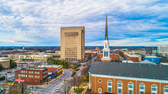 Drone Aerial of Main Street in Downtown Spartanburg, South Carolina, USA.