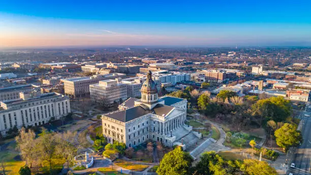 Drone Aerial View of Downtown Columbia, South Carolina, USA.