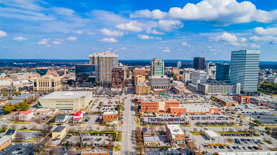 Drone Aerial View of Downtown Columbia, South Carolina, USA.