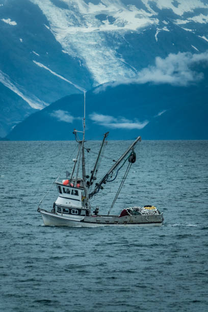 istock Sailboat in front of glacier under the clouds 1136427924