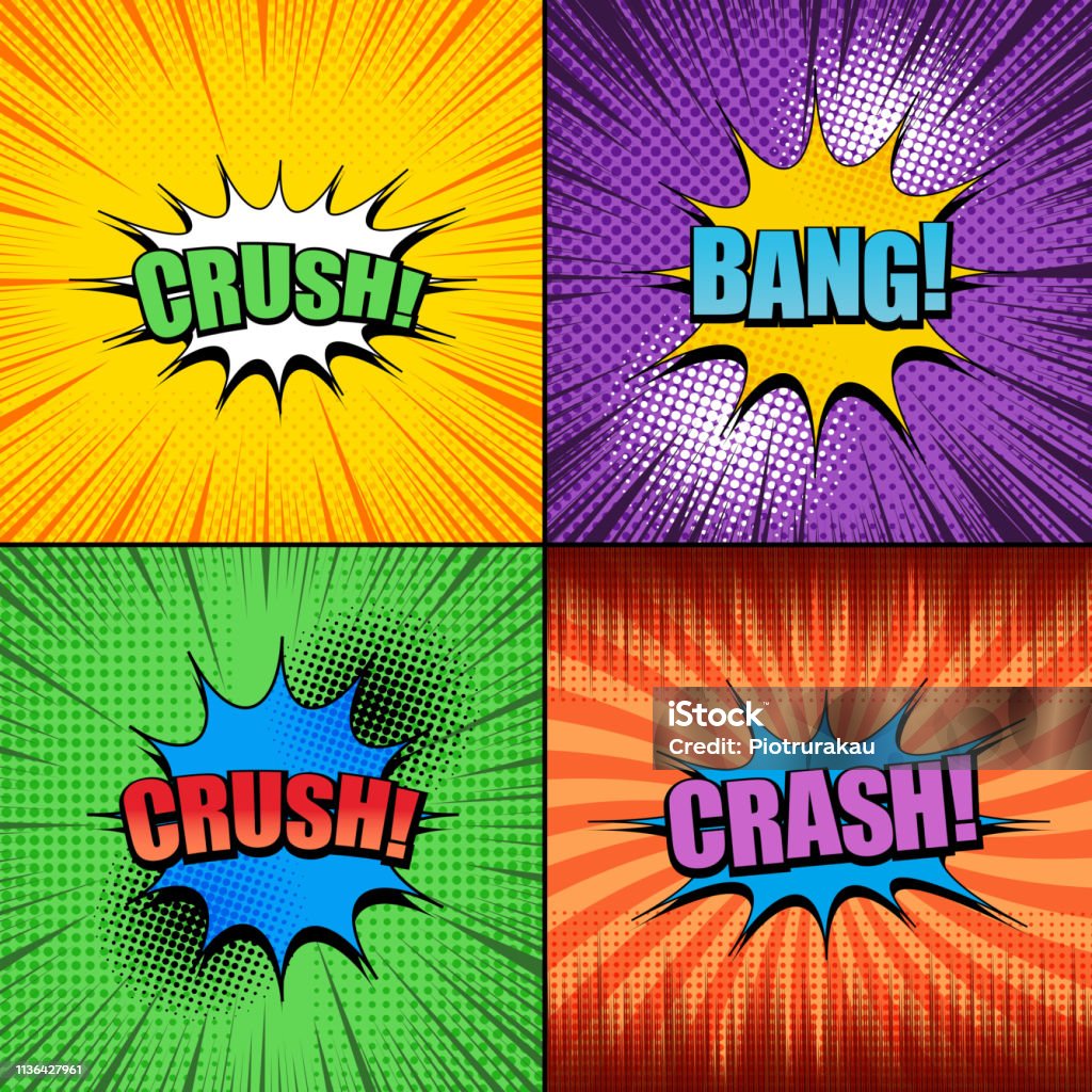 Comic book pages bright set Comic book pages bright set with colorful speech bubbles Crush Bang Crash wordings radial halftone and rays humor effects. Vector illustration Superhero stock vector