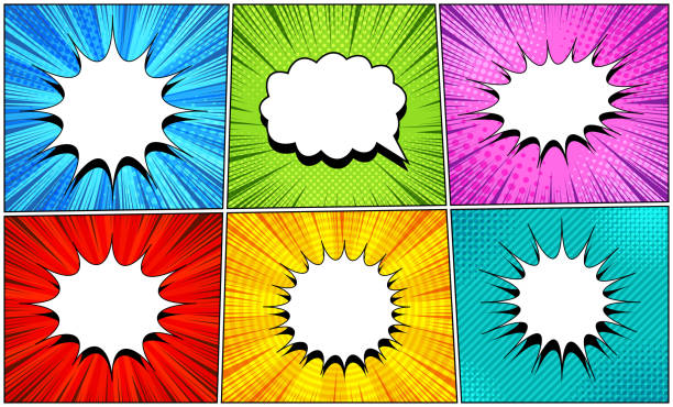 Comic white speech bubbles set Comic white speech bubbles set with clouds of different shapes radial halftone circles stripes and rays humor effects. Vector illustration superhero backgrounds stock illustrations