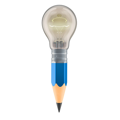Pencil with light bulb, idea concept. 3D rendering isolated on white background