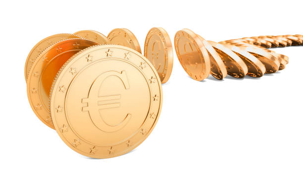 istock Domino effect from golden euro coins, 3D rendering isolated on white background 1136429553