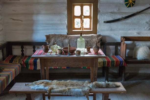 Typical Cossack house interior. Zaporozhskaya Sich, Khortytsia island, Ukraine