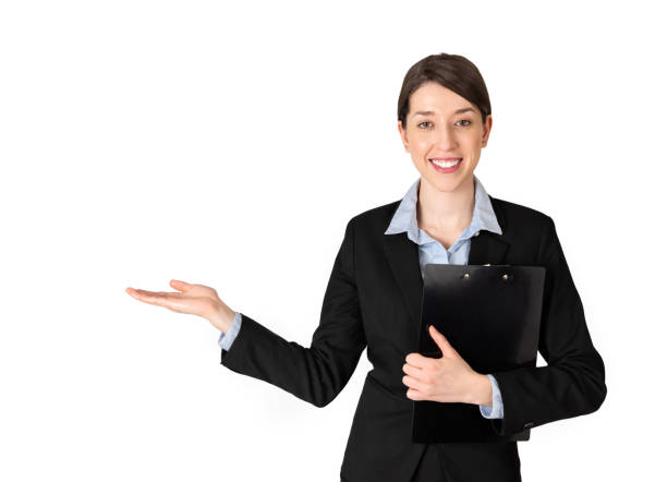 Smiling business woman showing open hand palm isolated on white background