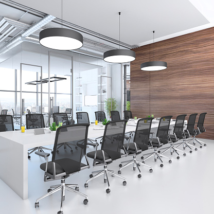 Contemporary conference room interior with large windows, big table with office chairs. Render.