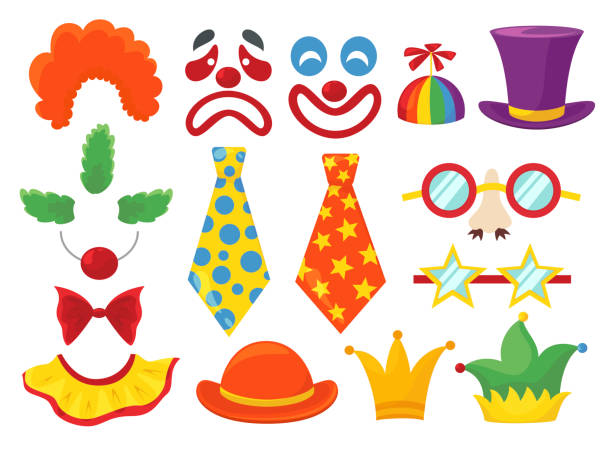illustrazioni stock, clip art, cartoni animati e icone di tendenza di set di oggetti di scena clown, divertenti elementi colorati della cabina - naso rosso