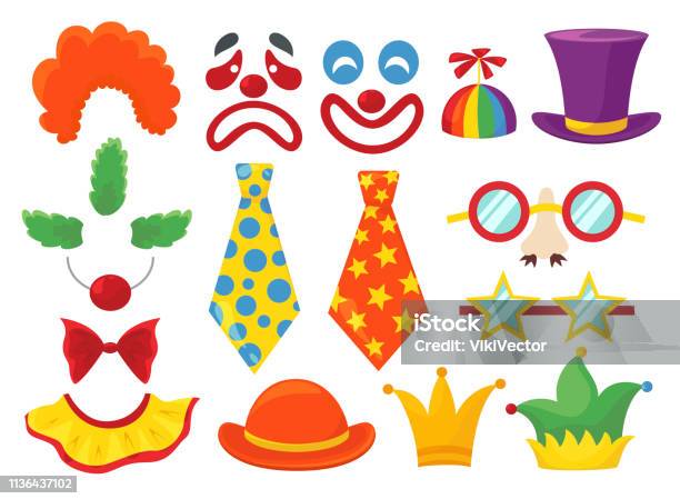 Clown Props Set Funny Colorful Booth Elements Stock Illustration - Download Image Now - Clown, Wig, Human Face