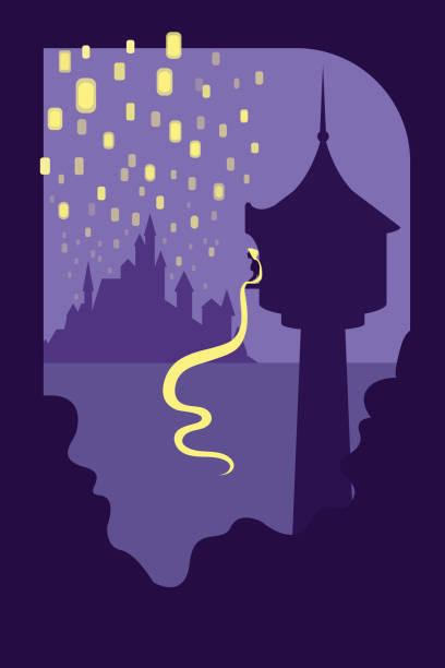 illustrazioni stock, clip art, cartoni animati e icone di tendenza di rapunzel - castle fairy tale illustration and painting fantasy