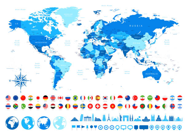 illustrations, cliparts, dessins animés et icônes de carte du monde, drapeaux les plus populaires, icônes de voyage-frontières, pays et villes-illustration vectorielle - australia new zealand globe world map