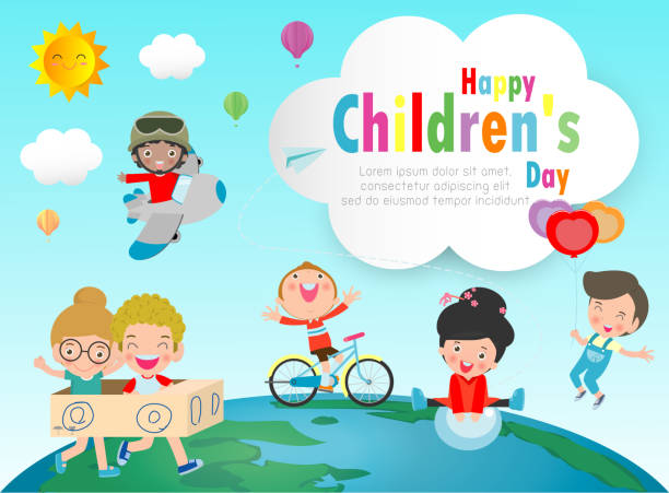 ilustrações, clipart, desenhos animados e ícones de fundo feliz do dia das crianças, grupo de miúdos que saltam no globo, poster do dia das crianças com ilustração feliz do vetor dos miúdos - dia das crianças