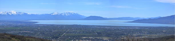 Panorama of Utah Lake As seen from Corner Canyon, in the foothills of the Wasatch Range lake utah stock pictures, royalty-free photos & images