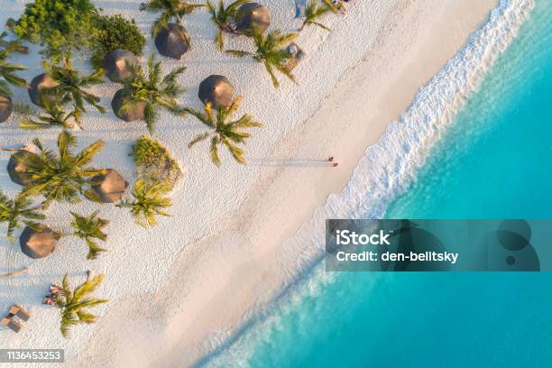 日没時にインド洋の砂浜に傘ヤシの空中ビューザンジバルアフリカの夏の休日ヤシの木パラソル白い砂青い水波と熱帯の風景トップビュー - 海岸のストックフォトや画像を多数ご用意