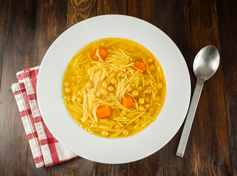 Chickpeas with noodle soup, traditional Spanish cuisine