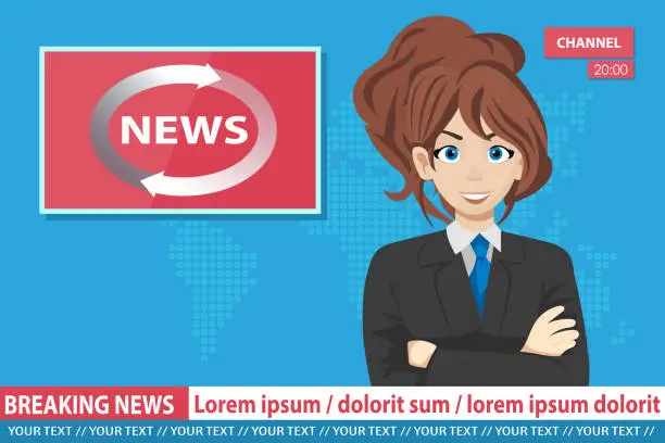 Vector illustration of Anchorwoman on tv broadcast news. Breaking News vector illustration. Media on television concept. News anchor broadcasting the news with a reporter live on screen.
