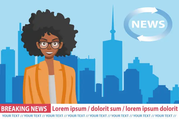 Vector illustration of African American anchorwoman on tv broadcast news. Breaking News vector illustration. Media on television concept. News anchor broadcasting the news with a reporter live on screen.