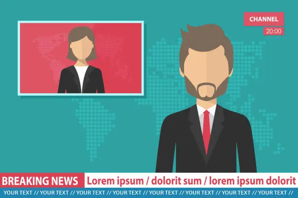 Vector illustration of Breaking news concept. News anchor broadcasting the news with a reporter live on screen. Flat vector illustration