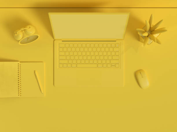 istock Minimal idea concept. Top view laptop mock-up background 1136465934
