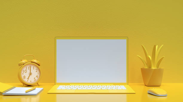 istock Minimal idea concept, Laptop background on Work desk yellow color 1136465935