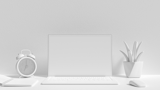Minimal idea concept, Laptop background on Work desk white color and mock-up for your text with notebook mouse tree and clock. 3d render.