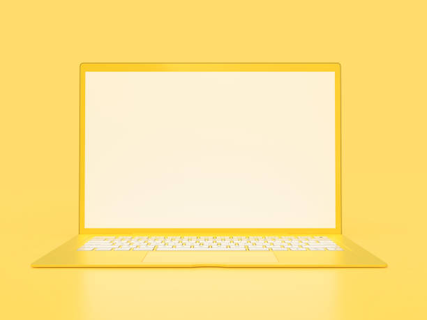 istock Laptop background with blank screen yellow color 1136466085