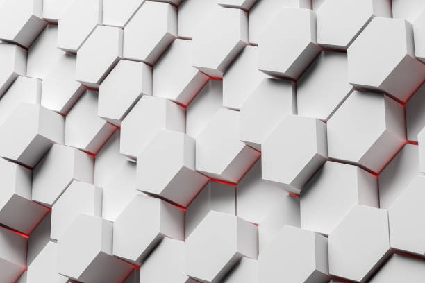 Side view of white hexagon pattern wall Side view of hexagon pattern wall made of white hexagons of different height with red edges. Concept of creativity and art. 3d rendering Hexagon stock pictures, royalty-free photos & images