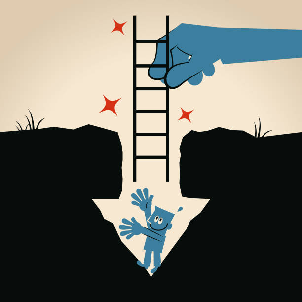 illustrazioni stock, clip art, cartoni animati e icone di tendenza di grande mano dando una scala a un uomo d'affari che cadde giù per un buco a forma di freccia verso il basso - cliff ladder business problems