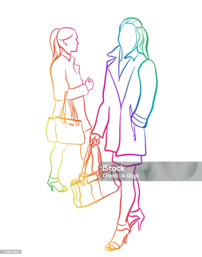 Walking And Pausing Rainbow Sketch of two fashionable women wearing a coat and carrying their purse Adult stock vector