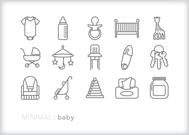 Baby line icons of newborn items such as for baby shower invites Set of 15 gray baby line icons of clothing, food, and necessities such as baby wipes, crib, toys, bottle, car seat and stroller stacking food containers stock illustrations