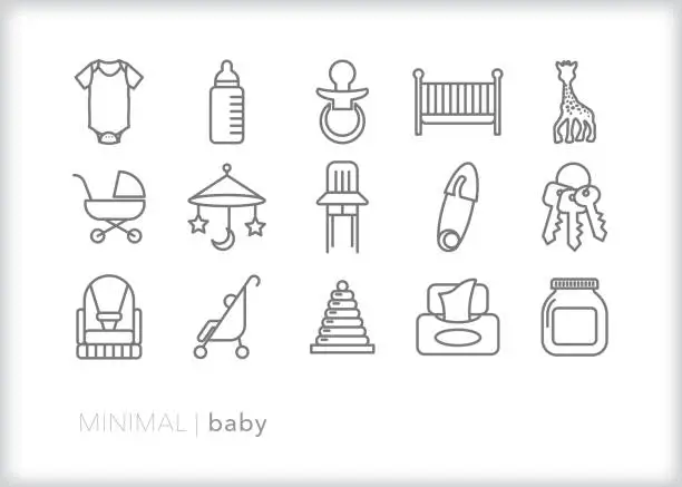 Vector illustration of Baby line icons of newborn items such as for baby shower invites