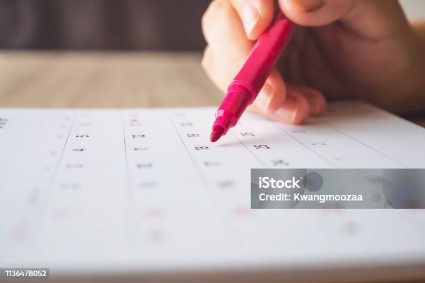 Hand With Pen Writing On Calendar Page Closeup Stock Photo - Download Image Now - Calendar, Personal Organizer, Deadline