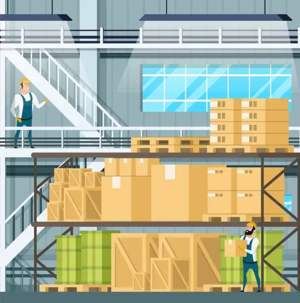 Vector illustration of Warehouse Interior with Goods, Freight, Weight