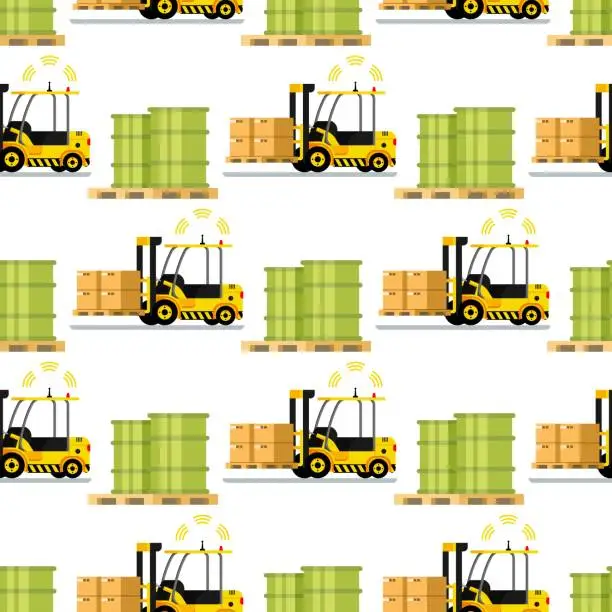 Vector illustration of Automatic Delivery Forklift Car Seamless Pattern