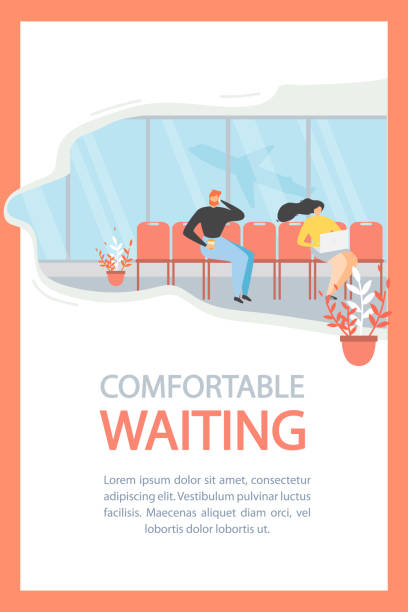 Airport Waiting Area Flat Vector Promotion Poster Modern Airport Lounge Area Service Flat Vector Advertising Banner, Promo Flyer Template. Airline Clients, Airplane Passengers Resting and Expecting Flight in Airport Terminal Waiting Zone Illustration charter document stock illustrations