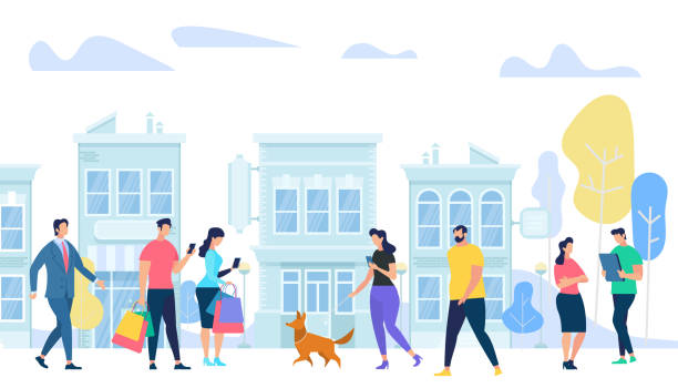 People Lifestyle in City. Men and Woman Walking, People Lifestyle in City. Men and Woman Walking, Communicating, Using Gadgets, Meeting Friends Walk with Dogs, Talking, Relaxing on Urban Cityscape Background. Cartoon Flat Vector Illustration. natural parkland illustrations stock illustrations