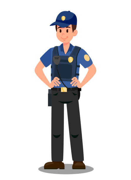 ilustraciones, imágenes clip art, dibujos animados e iconos de stock de policía con walky talky cartoon color carácter - equipped